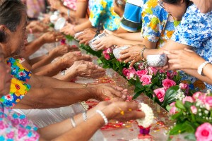 Pouring water on the hands of revered elders and asking for blessings and luck